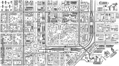 Detailed urban city map blueprint with residential areas, industrial port, railway station, and public park top view vector illustration