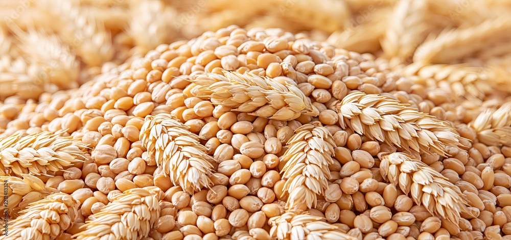 Naklejka premium Sunlit golden wheat kernels highlighting natural texture and color for seasonal agricultural marketing.