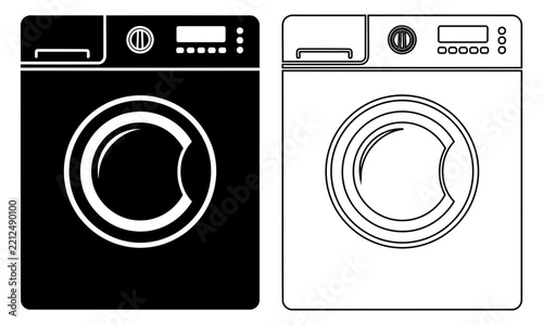 Modern washing machine illustration in black and white with detailed control panel