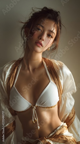 Striking and intimate portrait of a beautiful pensive woman wearing delicate white lingerie her expression conveying a sense of mystery and allure