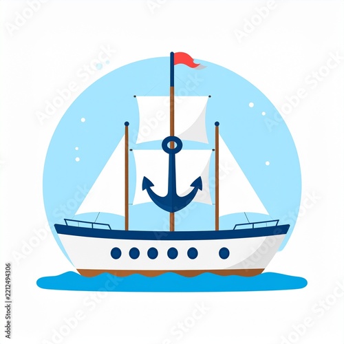 Flat design illustration of a sailing ship vessel with white sails and blue anchor on blue sky circle background