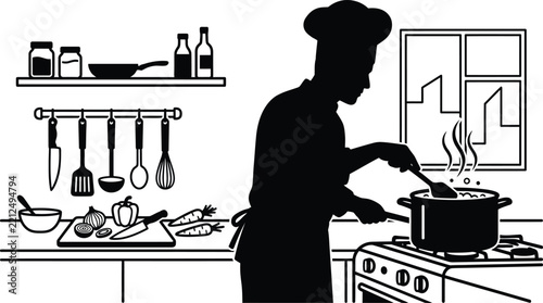 Black silhouette of a chef cooking in a kitchen with utensils and ingredients cook culinary