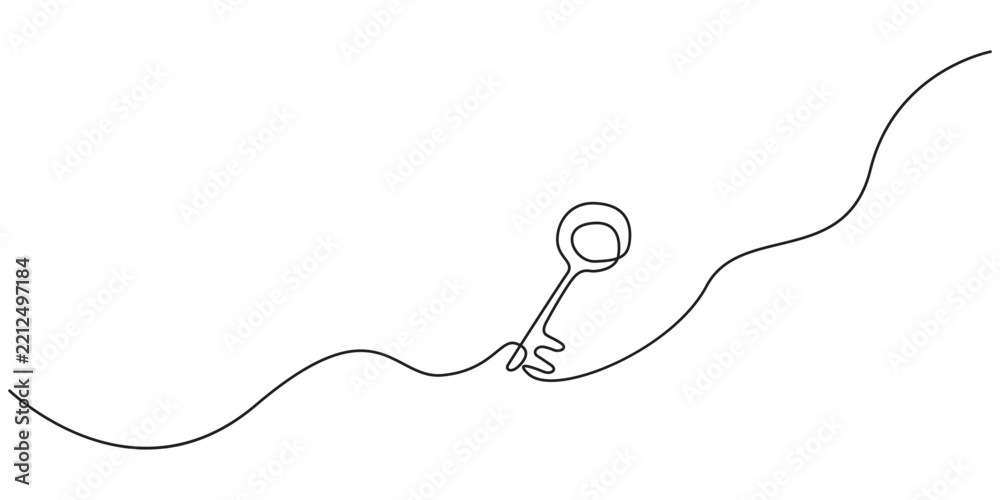 Fototapeta premium Key continuous line art drawing representing security solution and access concept.Minimal continuous line art vector illustration of a vintage key isolated on white background.