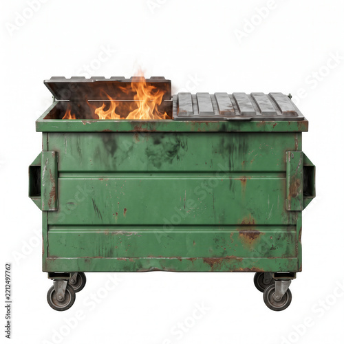 Dumpster fire in a green dumpster with flames isolated on white background  