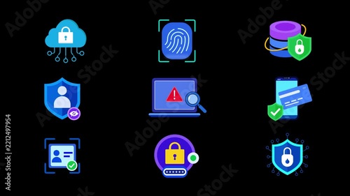 Cybersecurity Icon Set Animation with Cloud, Biometric, Payment and Network Security. 4k motion