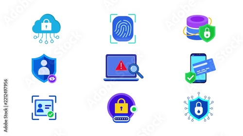 Cybersecurity Icon Set Animation with Cloud, Biometric, Payment and Network Security. 4k motion