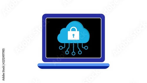 Secure Data Protection Cloud Icon Animation on laptop screen. 4K Video