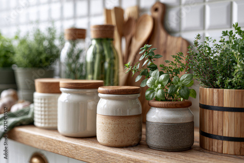 Stylish concept showing bright modern kitchen shelf with ceramic canisters, reusable glass bottles, wooden utensils and fresh herbs creating a sustainable lifestyle atmosphere