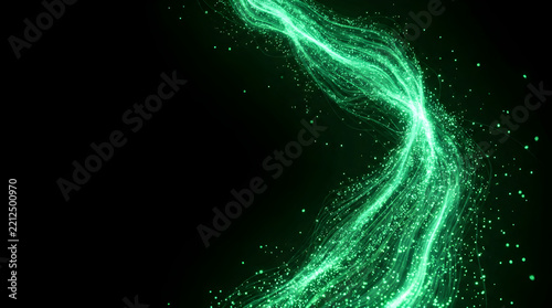 Dynamic green sparkling particles flow for technology, data, festive and elegant background designs.