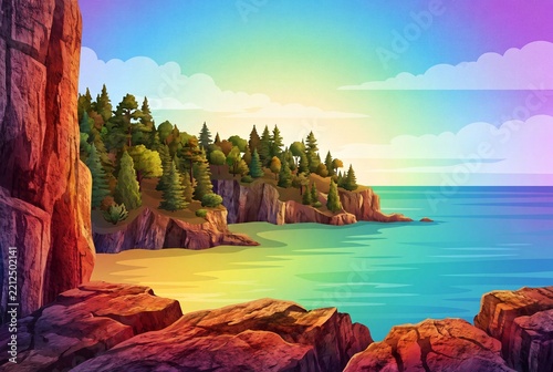 Rocky coastal cliffs with pine forest overlooking sea