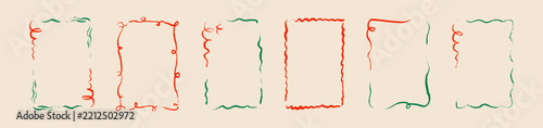 Merry Christmas and Happy New Year hand drawn crayon doodle frame set. Whimsical festive red and green sketch border with curvy serpentine. Xmas greeting card, wedding, birthday card design element