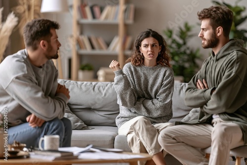 Three young adults arguing intensely on a sofa in a living room during a difficult conversation