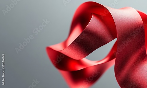 3D render of a red ribbon spiral on a grey background, low-angle view, minimalistic style, soft lighting, close-up shot, high resolution, high detail, simple and clean, Generative AI