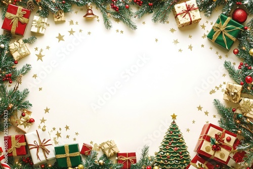 A white background with a golden, Christmas-themed border at the bottom, presents and a tree, Generative AI