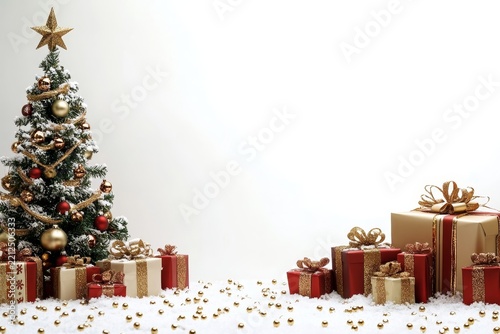 A white background with a golden, Christmas-themed border at the bottom, presents and a tree, Generative AI