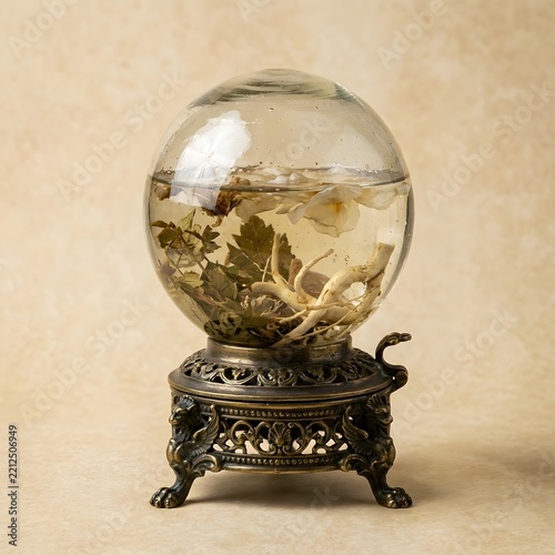 Herbarium specimen globe with submerged dried flowers and roots on an ornate pedestal offers an elegant look for apothecary styling and vintage decor collections.