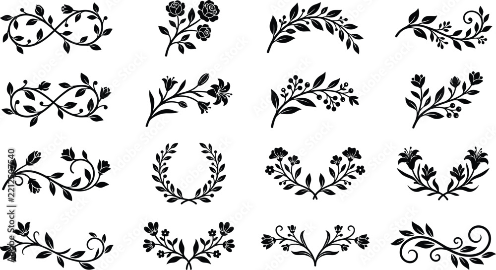 Fototapeta premium Professional vector bundle of elegant floral wreaths, branches, and botanical ornament solid black silhouettes on white background