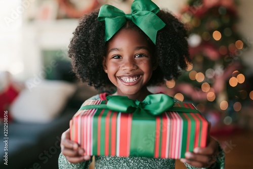 Happy little girl holding a beautifully wrapped christmas gift with green ribbon indoors