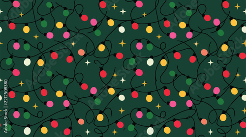 Seamless Christmas lights vector pattern, festive dark green holiday background, colorful glowing bulb garland texture for wrapping paper