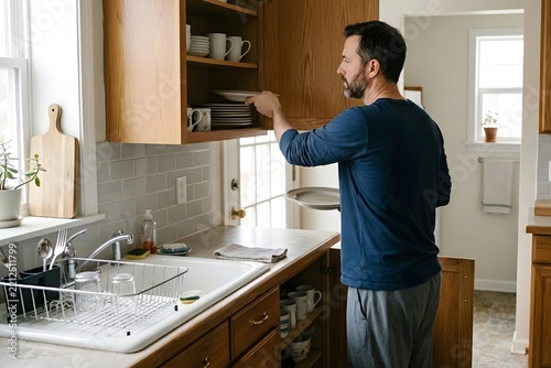 Man putting clean dishes away in the kitchen cabinet