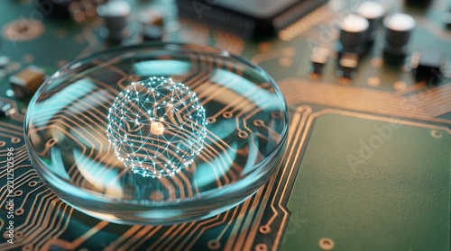 Quantum computing sphere chip model, futuristic microchip technology background, advanced AI processor circuit motherboard