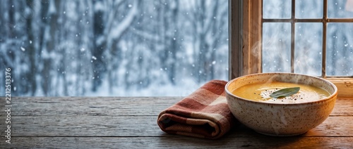 Hot soup in a ceramic bowl by a snowy window, cozy winter comfort food for cold weather, home dining and seasonal meals