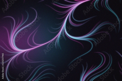 Abstract neon violet and cyan light swirls forming delicate ethereal patterns on background.