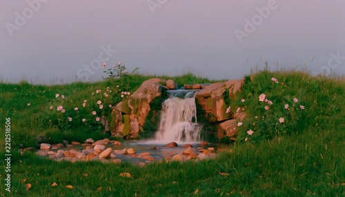 Small waterfall flowing over rocks in a green forest illustration