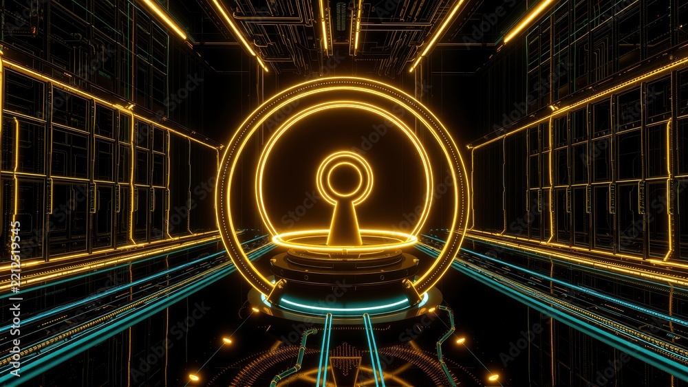 Fototapeta premium Futuristic tunnel glows. Neon lines form key symbol. Dark background emphasizes bright illumination, creating digital aesthetic.