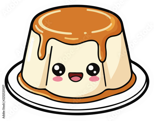 Cute Caramel Pudding with Syrup Cartoon Illustration