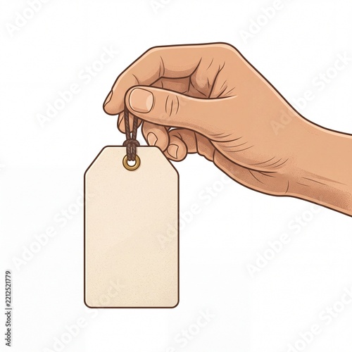 Hand holding a blank price tag illustration on white background