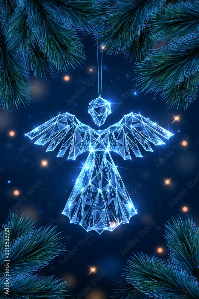 Fototapeta premium Glowing low poly crystal angel christmas ornament hanging
