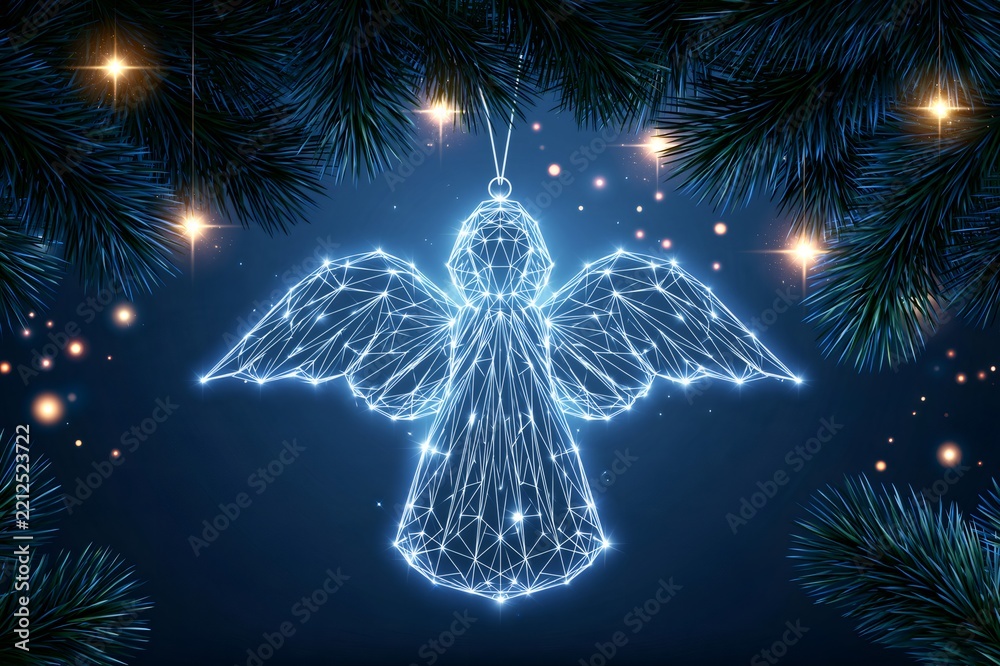 Fototapeta premium Glowing polygonal angel hanging on christmas tree branches