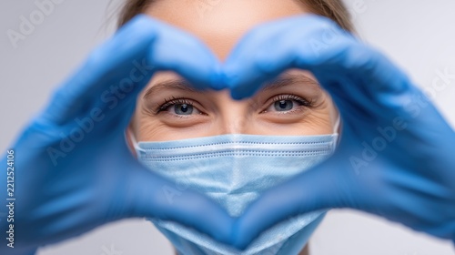 Front view of a medical worker making a heart shape during a shift. Concept of gratitude to healthcare heroes, fighting viruses, and emotional support for patients.