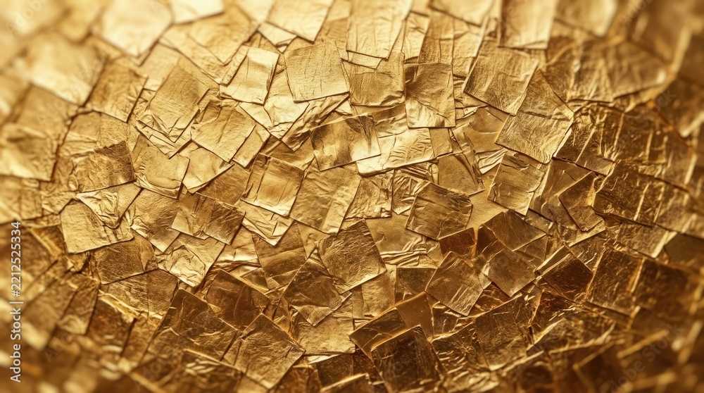 Obraz premium A detailed and complex arrangement of shimmering golden mother of pearl tiles creates a beautiful textured wall background