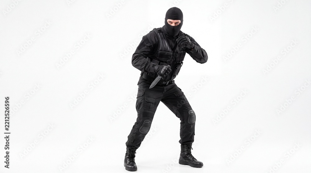 Obraz premium Dangerous criminal wearing black tactical gear and balaclava holding knife ready to attack on white background