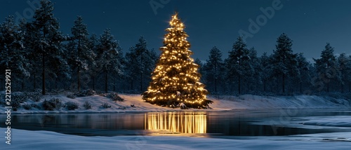 Illuminated Outdoor Christmas Tree Reflected in Frozen Lake at Dusk in Snowy Pine Forest Wilderness