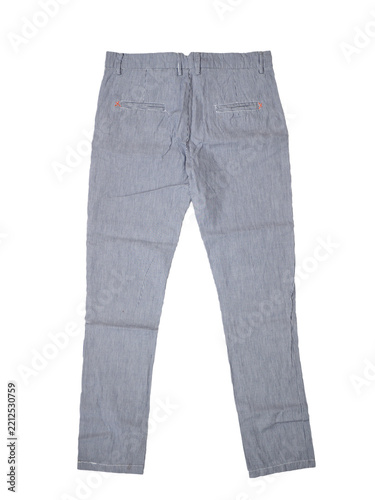 Blue men's trousers on a white background. Back side.