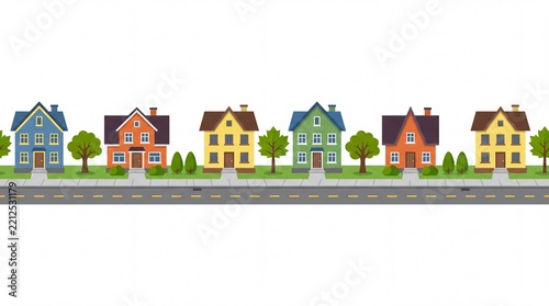 Suburban town city clipart with colorful houses along a road