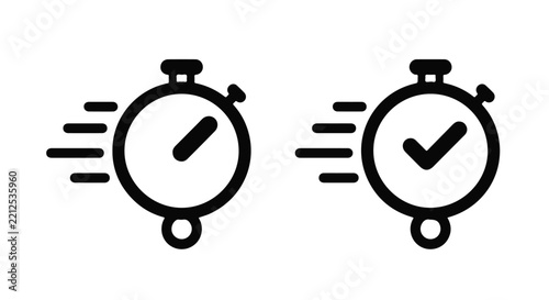 Fast stopwatch icon set with motion lines and check mark symbol