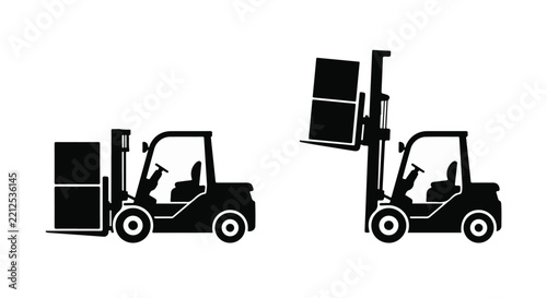 Forklift truck with cargo boxes silhouette icons set