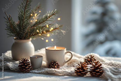 Cozy winter still life with burning candles, pine cones, and lights on knitted blanket