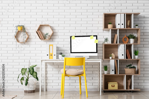 Remote work and home office setup, modern workspace with computer and yellow ...