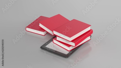 Falling e-book reader and red books on shiny grey background