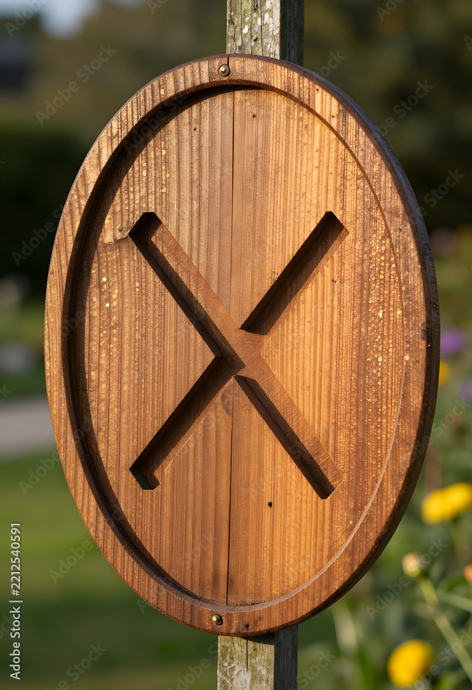 Naklejka premium Prohibition and restriction concept, wooden sign with carved x mark for warning or cancellation, outdoor signage for safety and environmental guidance