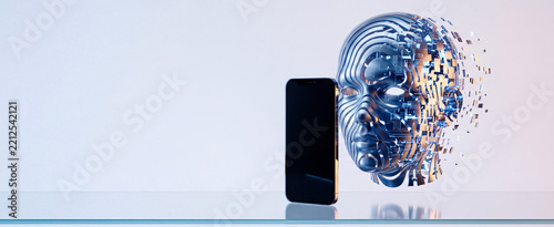 A futuristic digital human face appears to merge with a smartphone, symbolizing technology and artificial intelligence. AI cloning, impersonation, deepfakes and fraud.