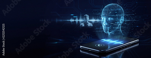 Smartphone with holographic AI head and audio waveform. Voice recognition, digital assistants, cybersecurity, and connected technology. Voice cloning, impersonation, spoofing and telephone fraud.