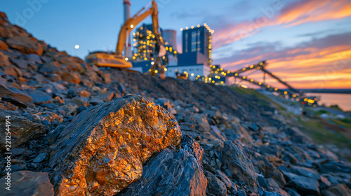 Large stockpile of rare earth ore beside a modern mining processing plant, rugged mineral-rich rocks arranged in massive piles, heavy industrial equipment and conveyor systems visible in the distanc