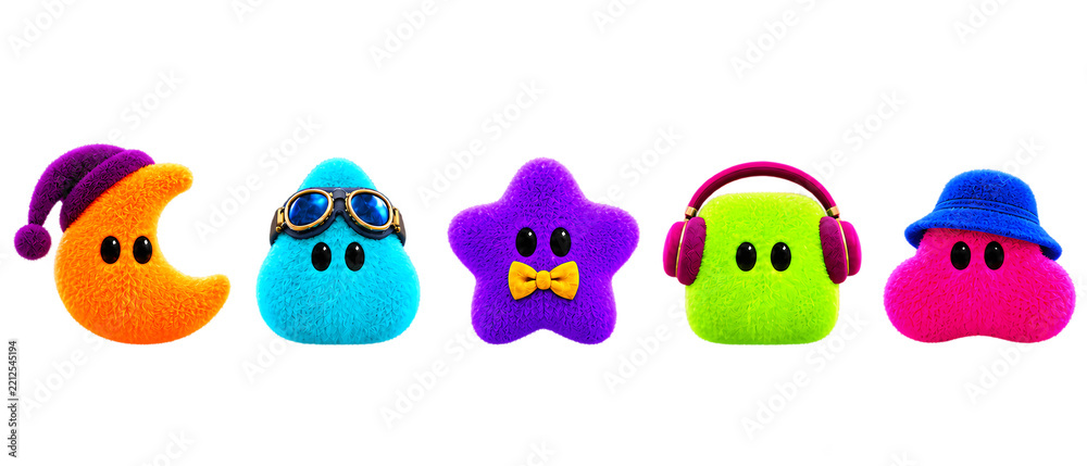 Fototapeta premium Five colorful fluffy AI dot agent avatars in orange, cyan, purple, green and pink, featuring a crescent shape, sunglasses, bow tie, headphones and hats, arranged in a playful row on transparent PNG