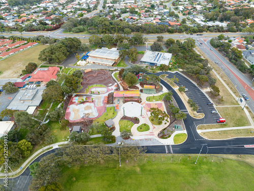 Aerial view of Duncraig Adventure Hub featuring a modern skate park, recreational facilities, paved pathways, and surrounding greenery in Duncraig, Western Australia, Australia.
